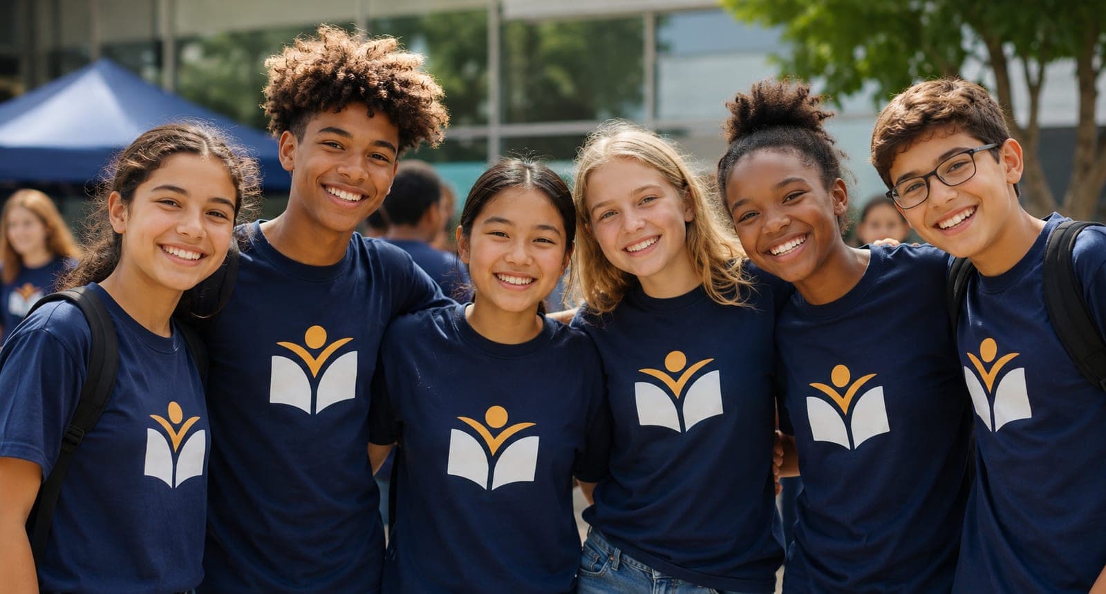 Students and staff in school spirit wear and branded team apparel
