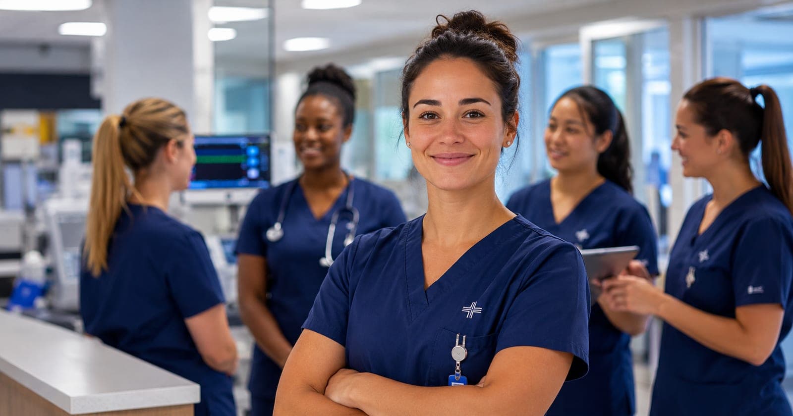 Healthcare staff in branded scrubs and embroidered polos in a clinical setting
